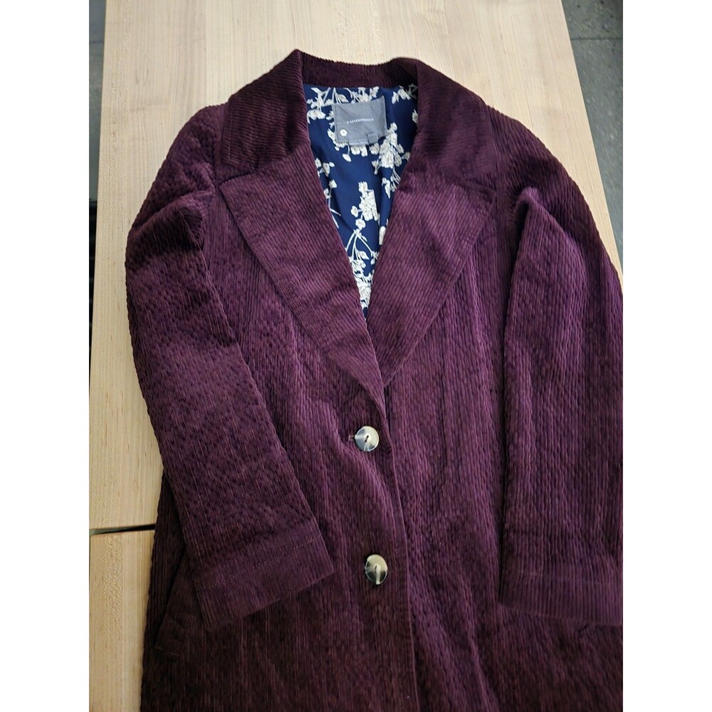 Anthropologie Burgundy Corduroy Long Coat Floral Lined Trench Jacket Size 0...